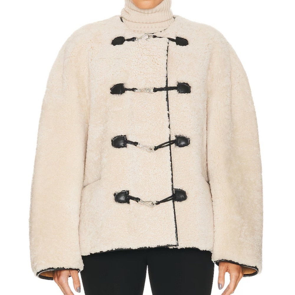 Zara Cream Faux Shearling Toggle Jacket with Black Trim